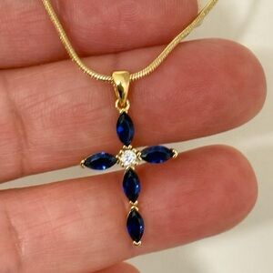 18k Gold Filled Elegant Gold and Blue Cross Pendant Necklace